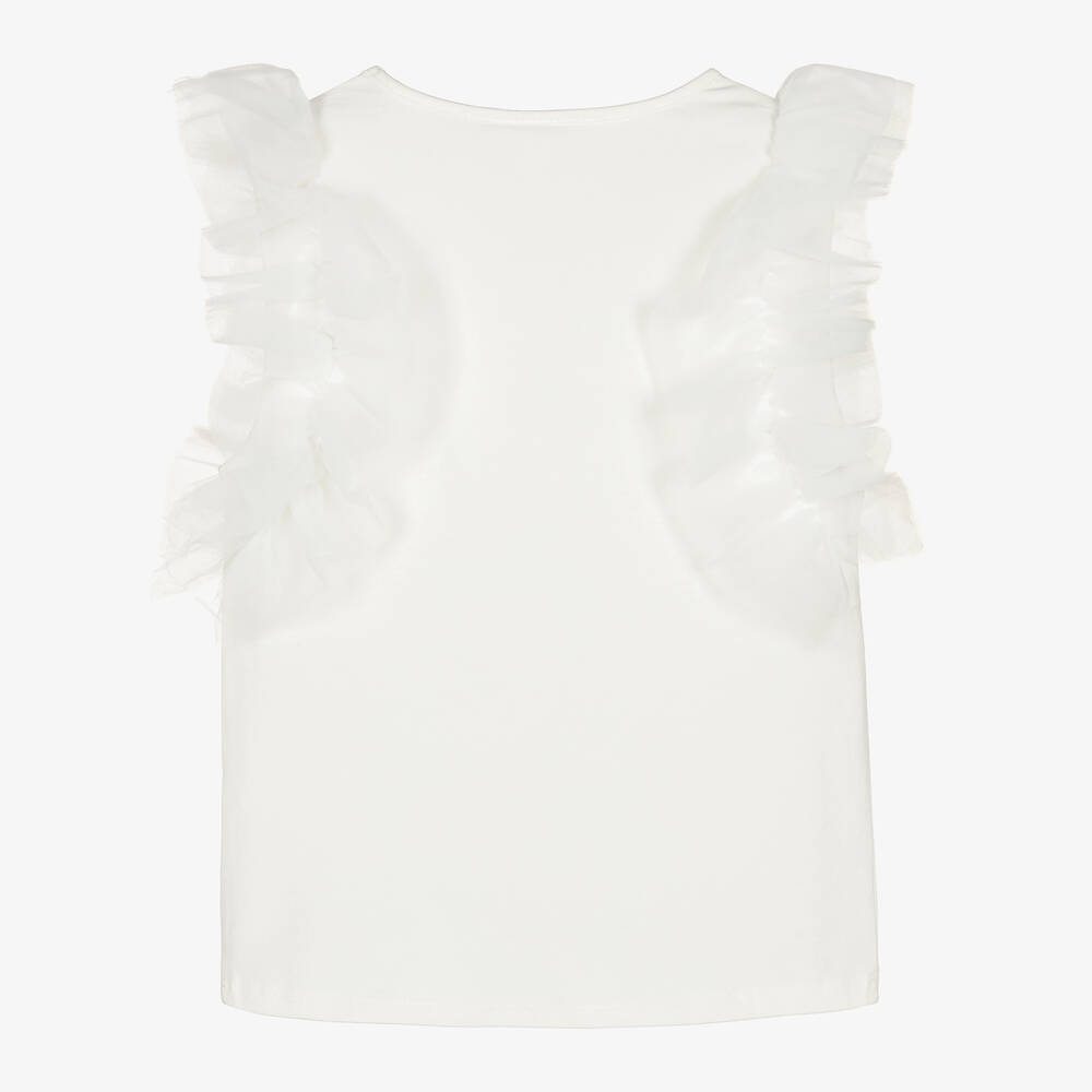 iDO Junior-Girls Ivory Ruffle Cotton T-Shirt | Childrensalon Outlet