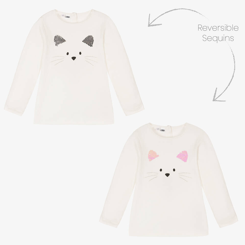 iDO Baby - Girls Ivory Sequin Cat Top | Childrensalon