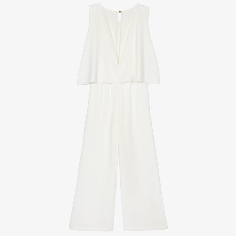 iDO-Girls Ivory Sleeveless Jumpsuit with 3D Flower Appliqué | Childrensalon Outlet