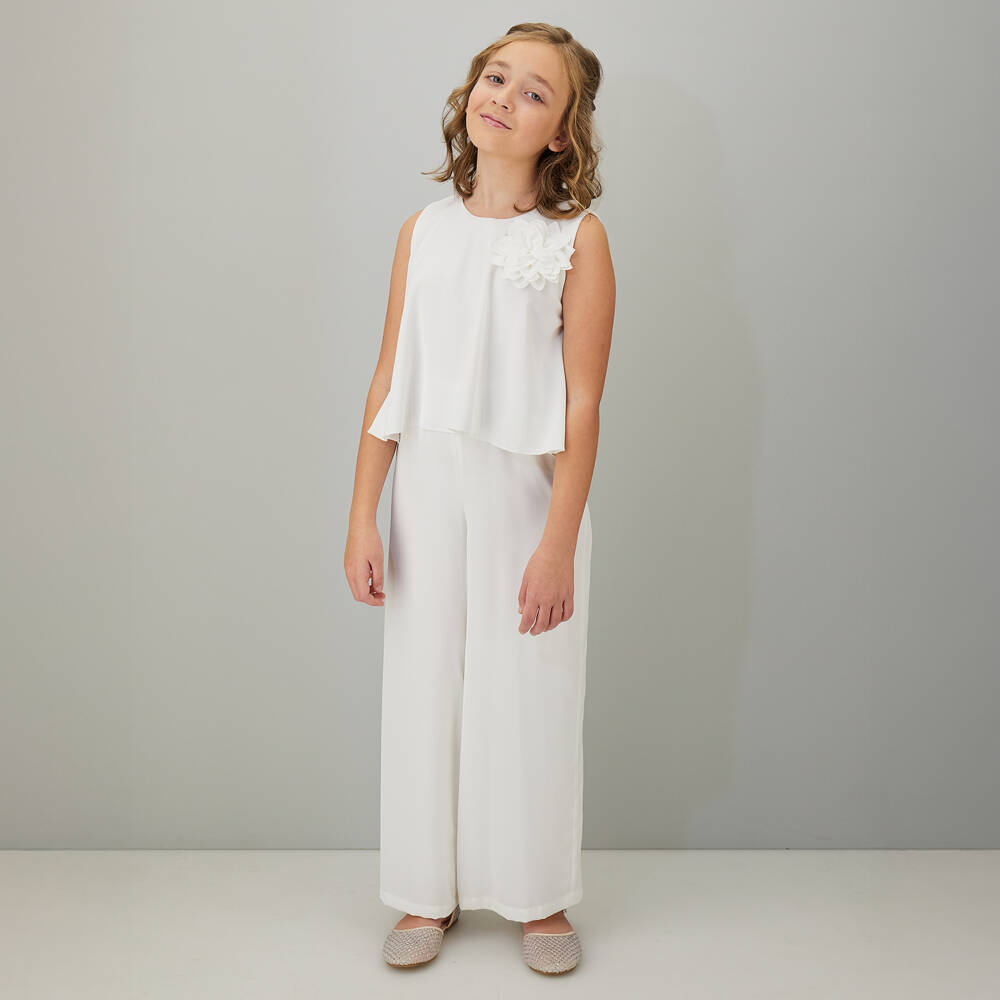 iDO-Girls Ivory Sleeveless Jumpsuit with 3D Flower Appliqué | Childrensalon Outlet