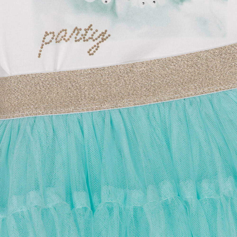 iDO-Girls Ivory T-Shirt & Turquoise Blue Tulle Skirt Set | Childrensalon Outlet