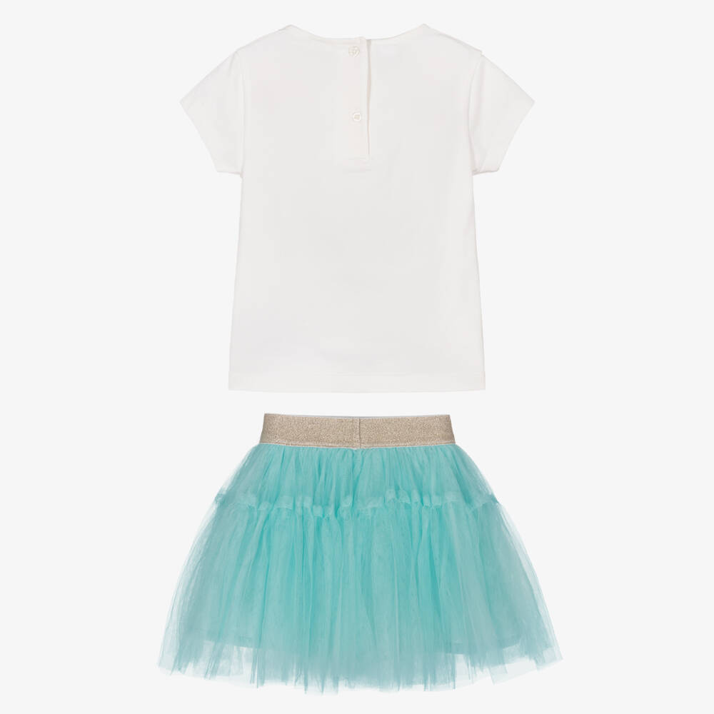 iDO-Girls Ivory T-Shirt & Turquoise Blue Tulle Skirt Set | Childrensalon Outlet