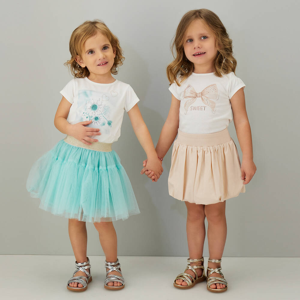 iDO-Girls Ivory T-Shirt & Turquoise Blue Tulle Skirt Set | Childrensalon Outlet