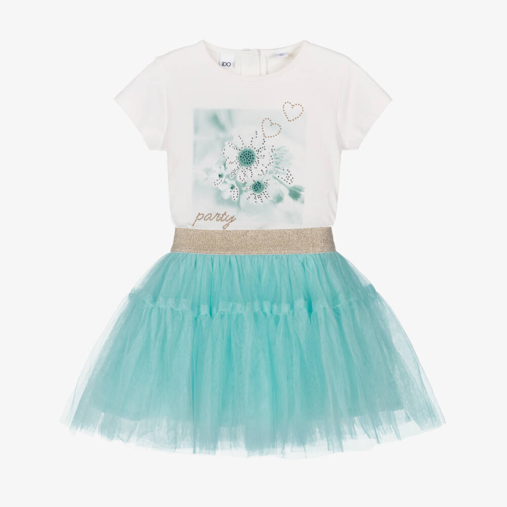 iDO-Girls Ivory T-Shirt & Turquoise Blue Tulle Skirt Set | Childrensalon Outlet
