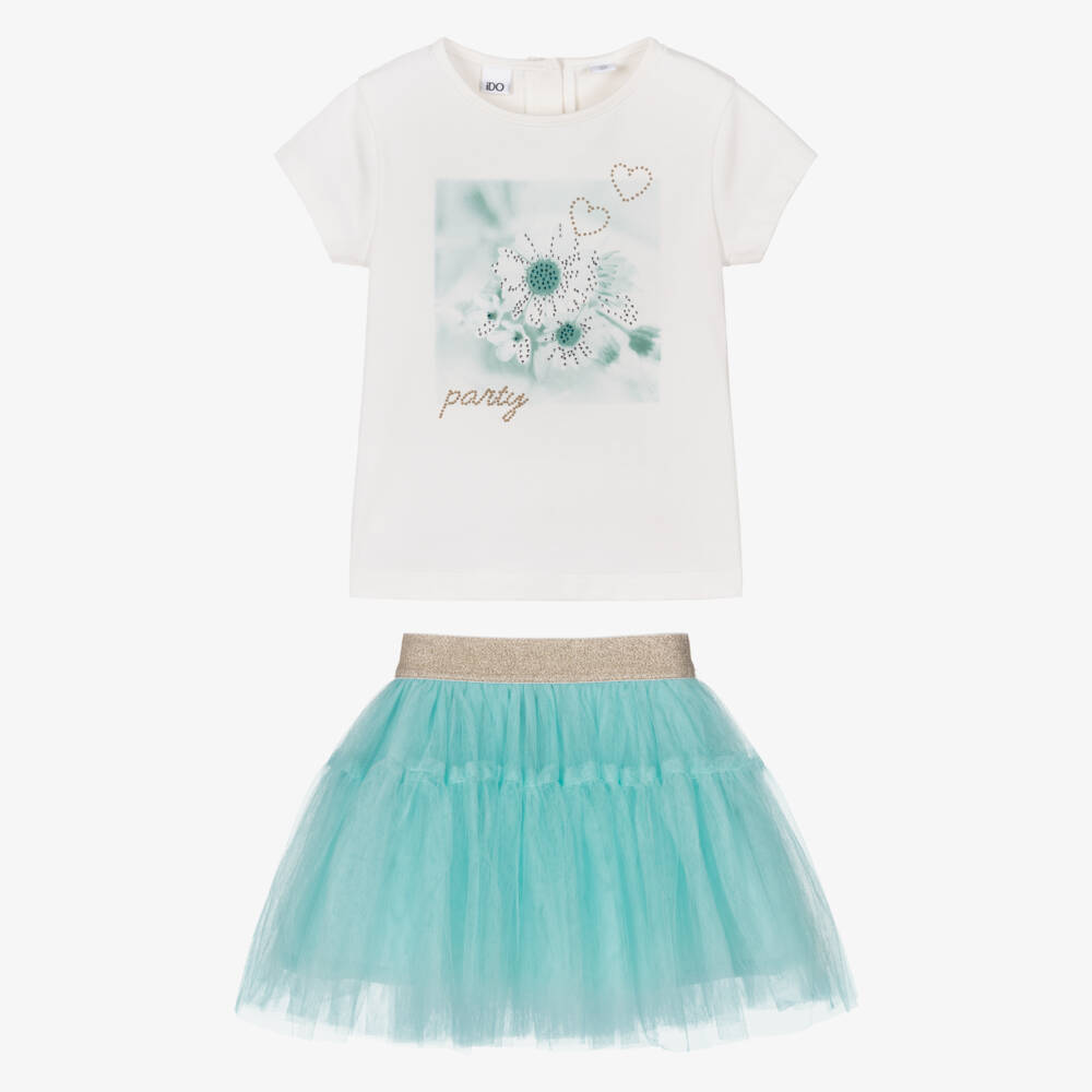 iDO-Girls Ivory T-Shirt & Turquoise Blue Tulle Skirt Set | Childrensalon Outlet