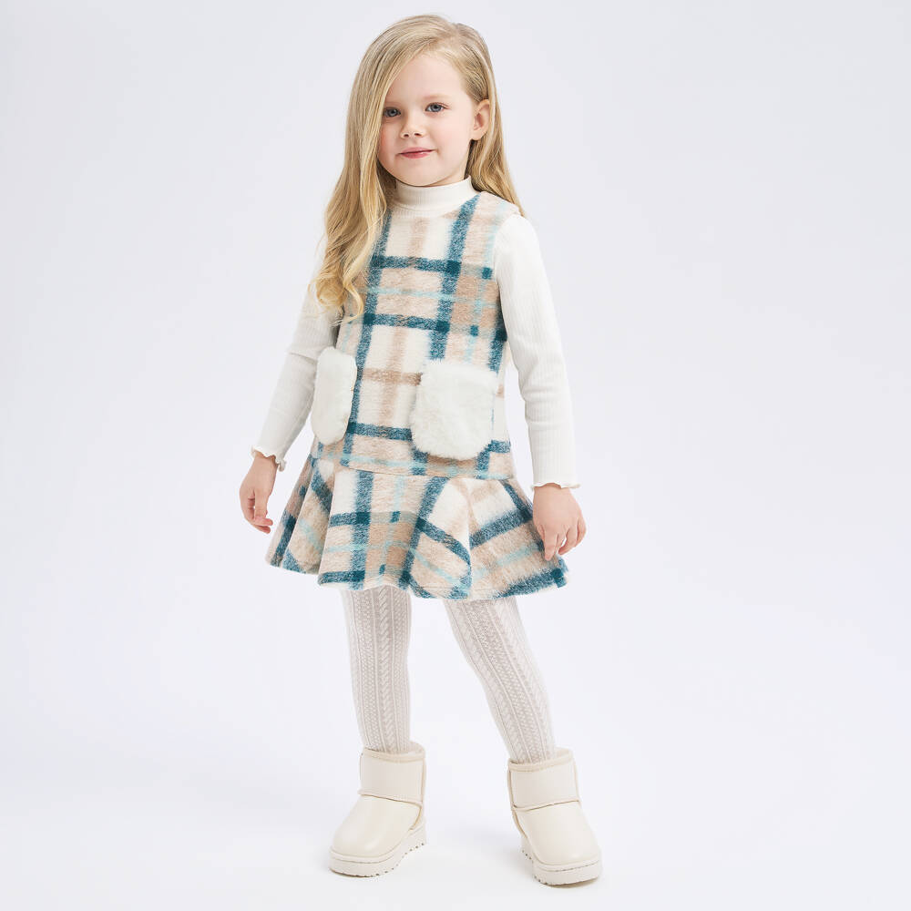 iDO Малыши-Бежево-синее трикотажное платье в клетку для девочек | Childrensalon Outlet