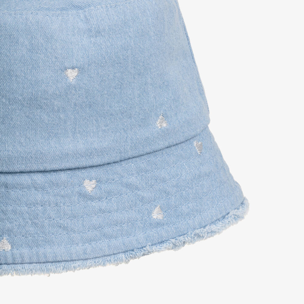 iDO-Girls Light Blue Denim Bucket Hat with Embroidered Hearts | Childrensalon Outlet