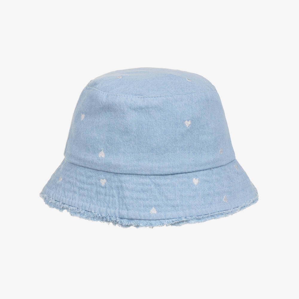 iDO-Girls Light Blue Denim Bucket Hat with Embroidered Hearts | Childrensalon Outlet