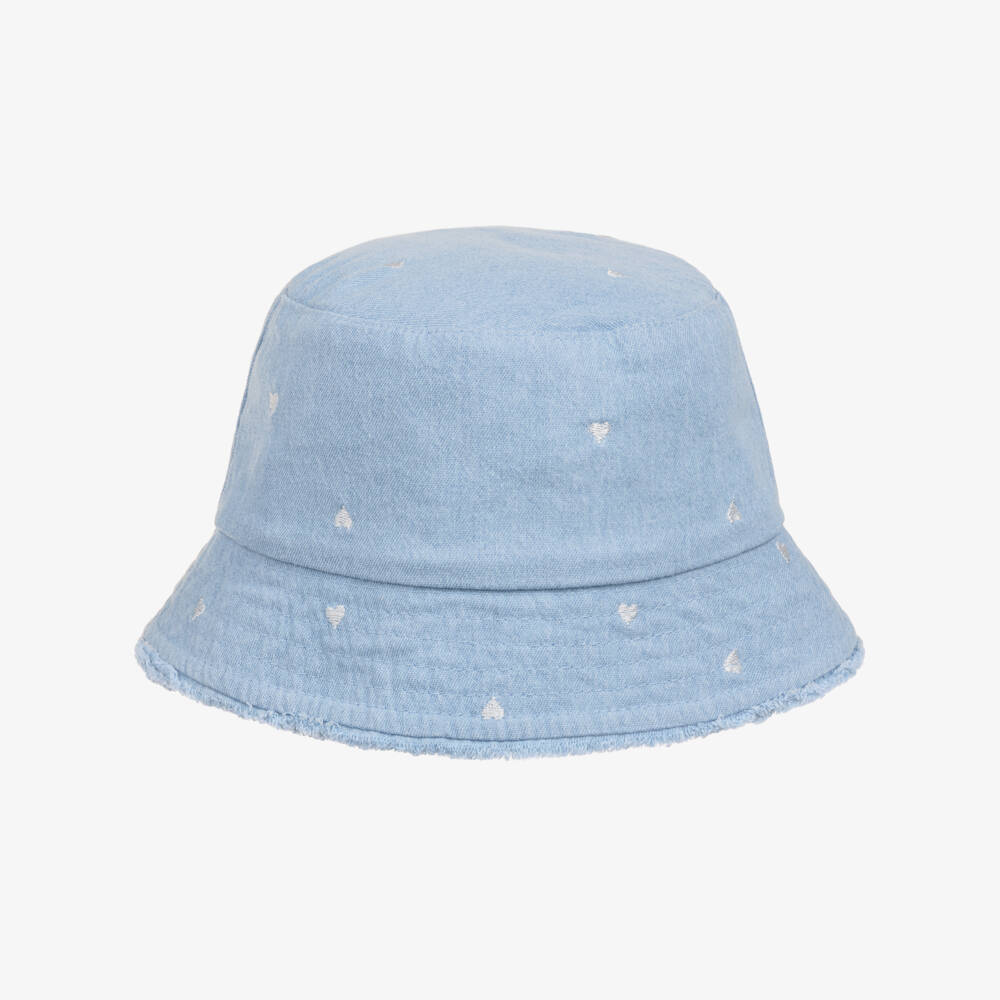 iDO-Girls Light Blue Denim Bucket Hat with Embroidered Hearts | Childrensalon Outlet