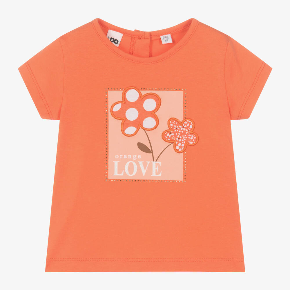 Girls Orange Cotton Flower T Shirt