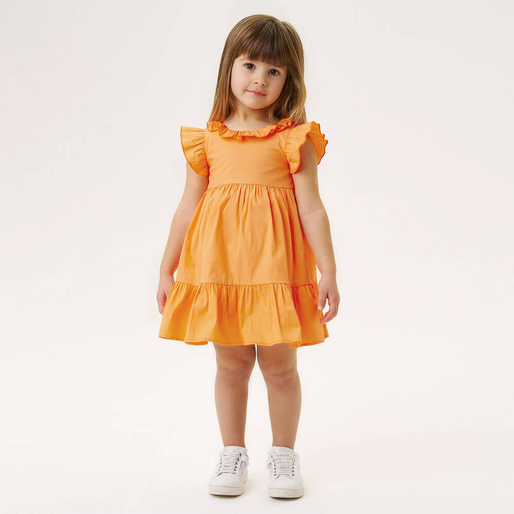 iDO Baby-فستان مزيج بوبلين لون برتقالي فاقع مزين بكشكش | Childrensalon Outlet