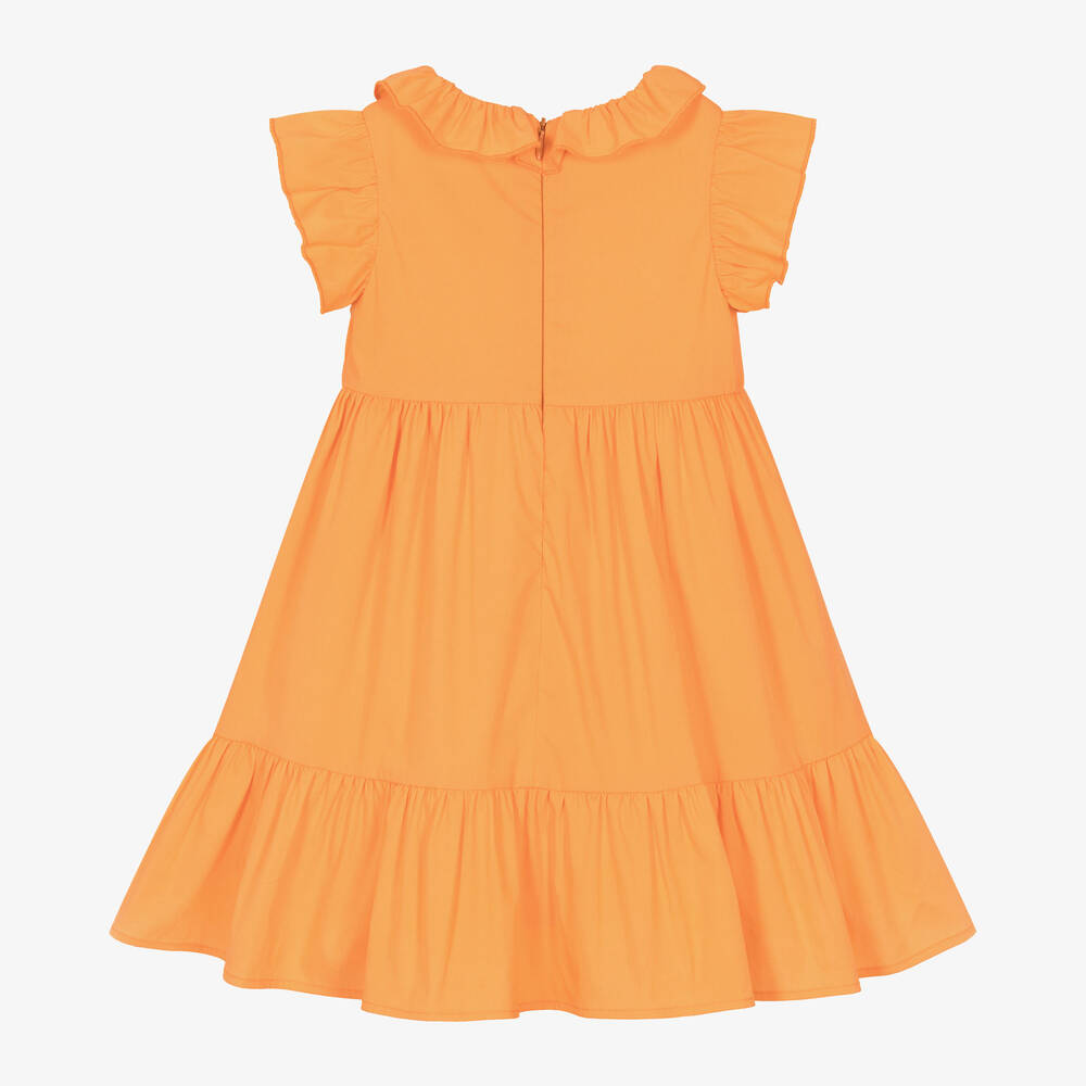 iDO Baby-فستان مزيج بوبلين لون برتقالي فاقع مزين بكشكش | Childrensalon Outlet