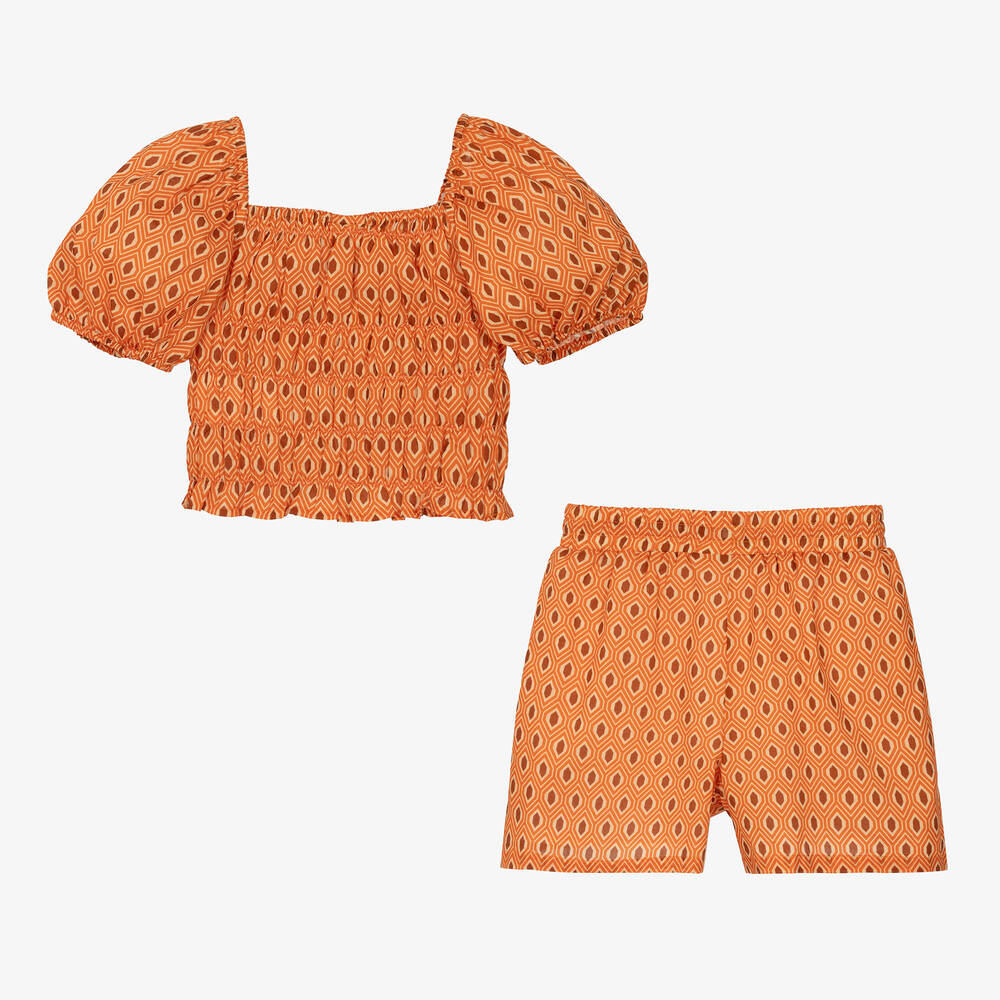 iDO Junior-Girls Orange Cotton Shorts Set | Childrensalon Outlet