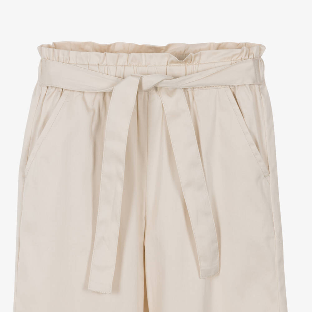 iDO-Girls Pale Beige Cotton Trousers with Bow Belt | Childrensalon Outlet