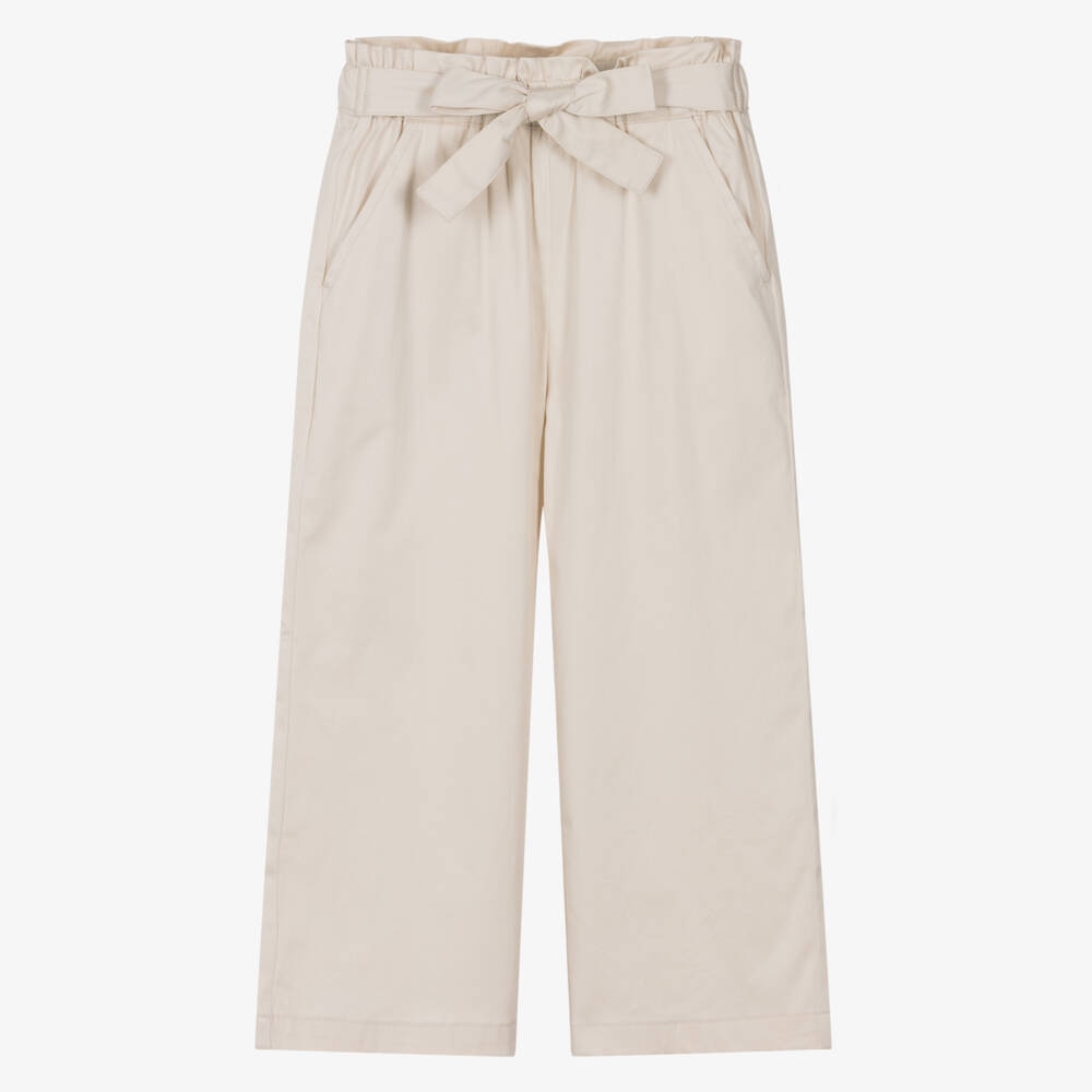 iDO-Girls Pale Beige Cotton Trousers with Bow Belt | Childrensalon Outlet