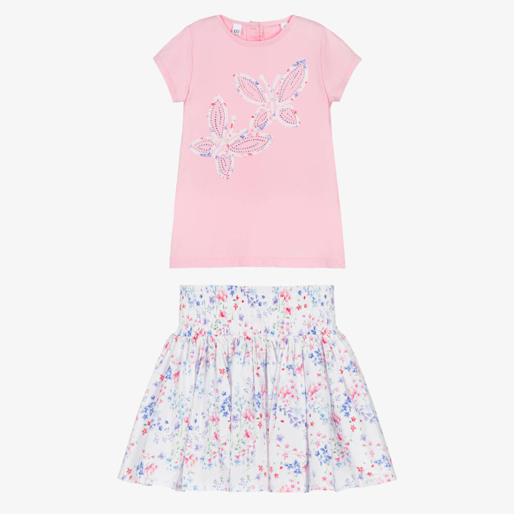 iDO-Girls Pink Cotton Butterfly & Floral Skirt Set | Childrensalon Outlet