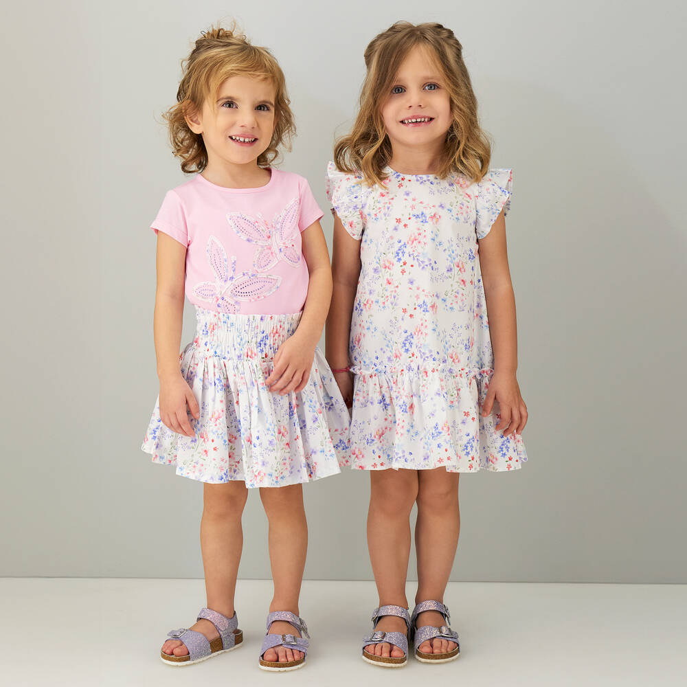 iDO-Girls Pink Cotton Butterfly & Floral Skirt Set | Childrensalon Outlet