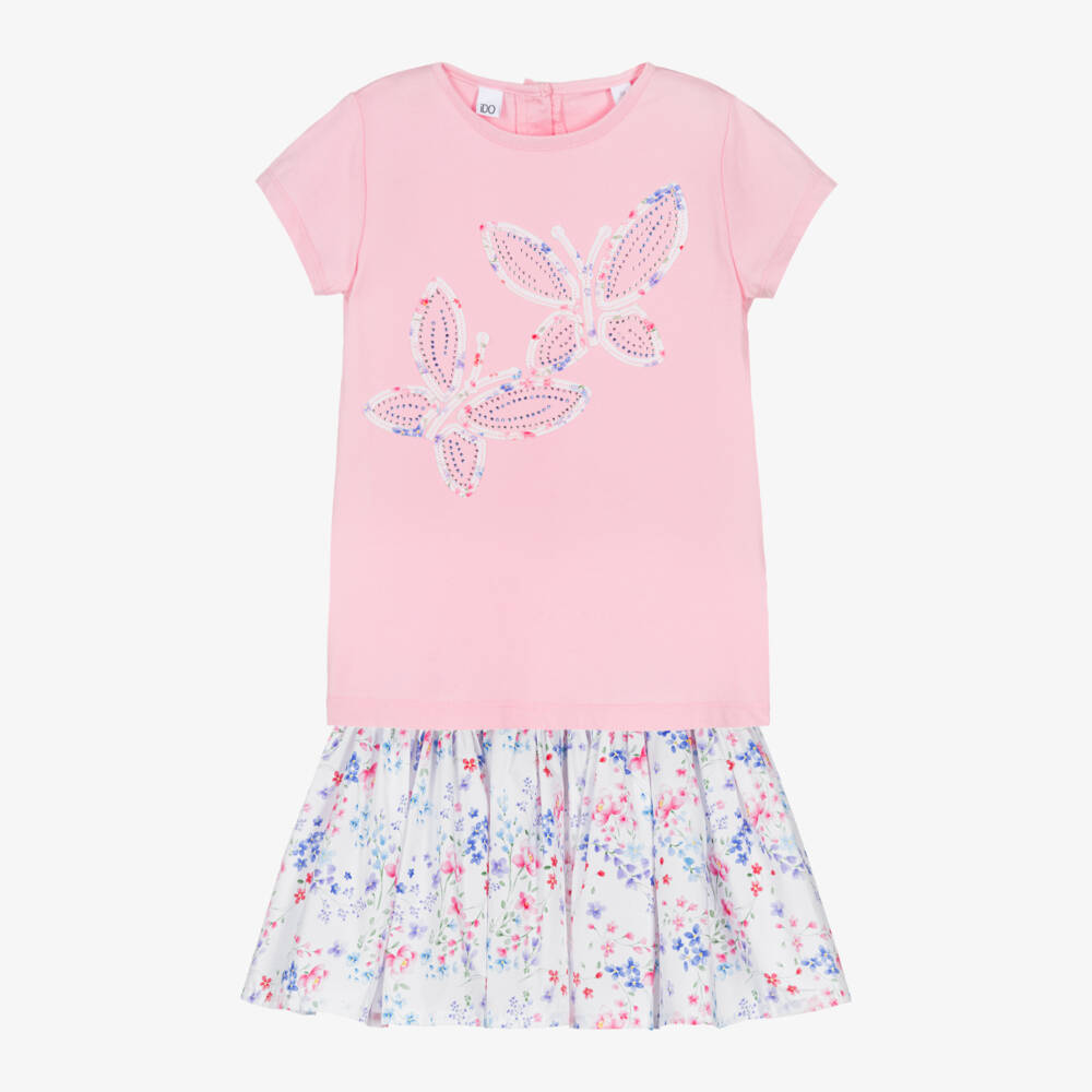 iDO-Girls Pink Cotton Butterfly & Floral Skirt Set | Childrensalon Outlet