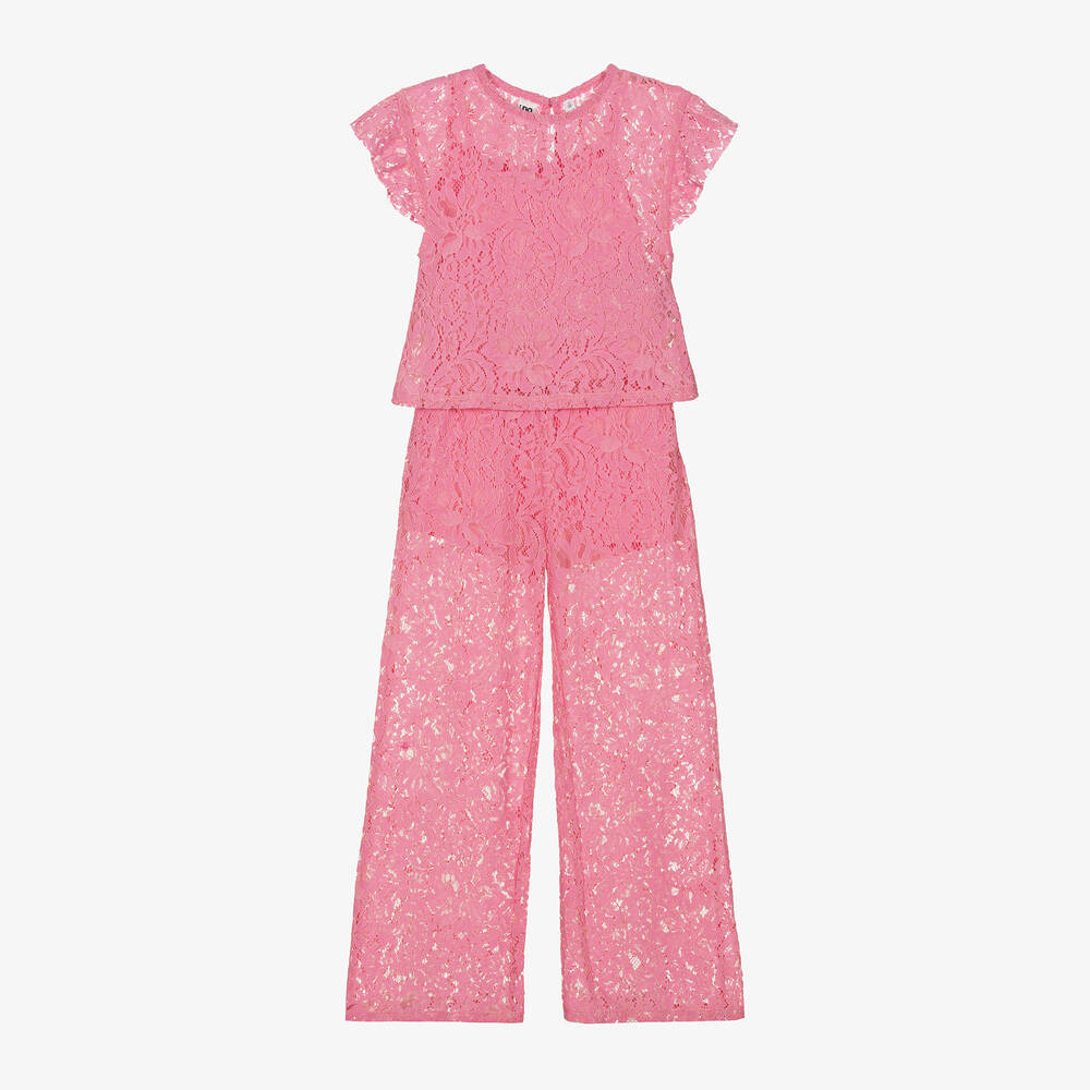 iDO Junior-Girls Pink Cotton Lace Trouser Set | Childrensalon Outlet