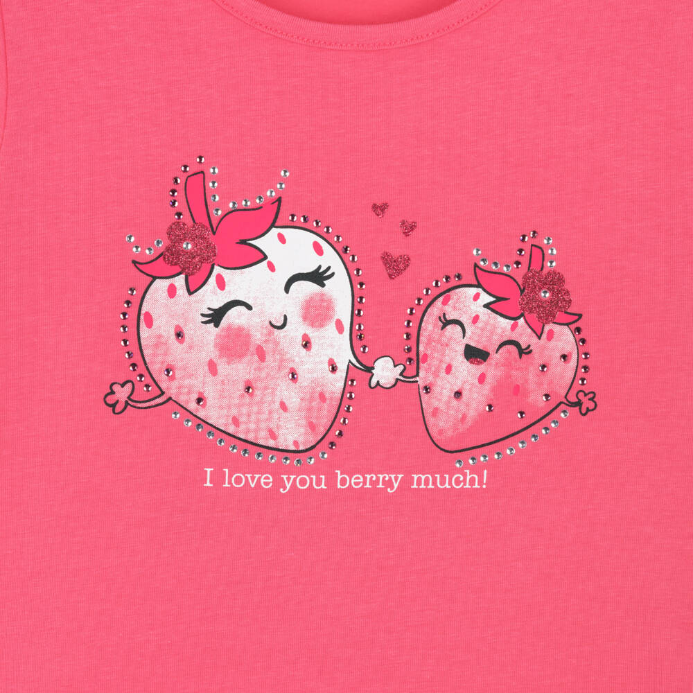 iDO-Girls Pink Cotton Strawberry Print T-Shirt | Childrensalon Outlet