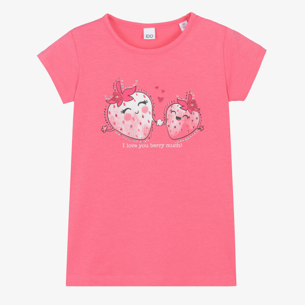 iDO-Girls Pink Cotton Strawberry Print T-Shirt | Childrensalon Outlet