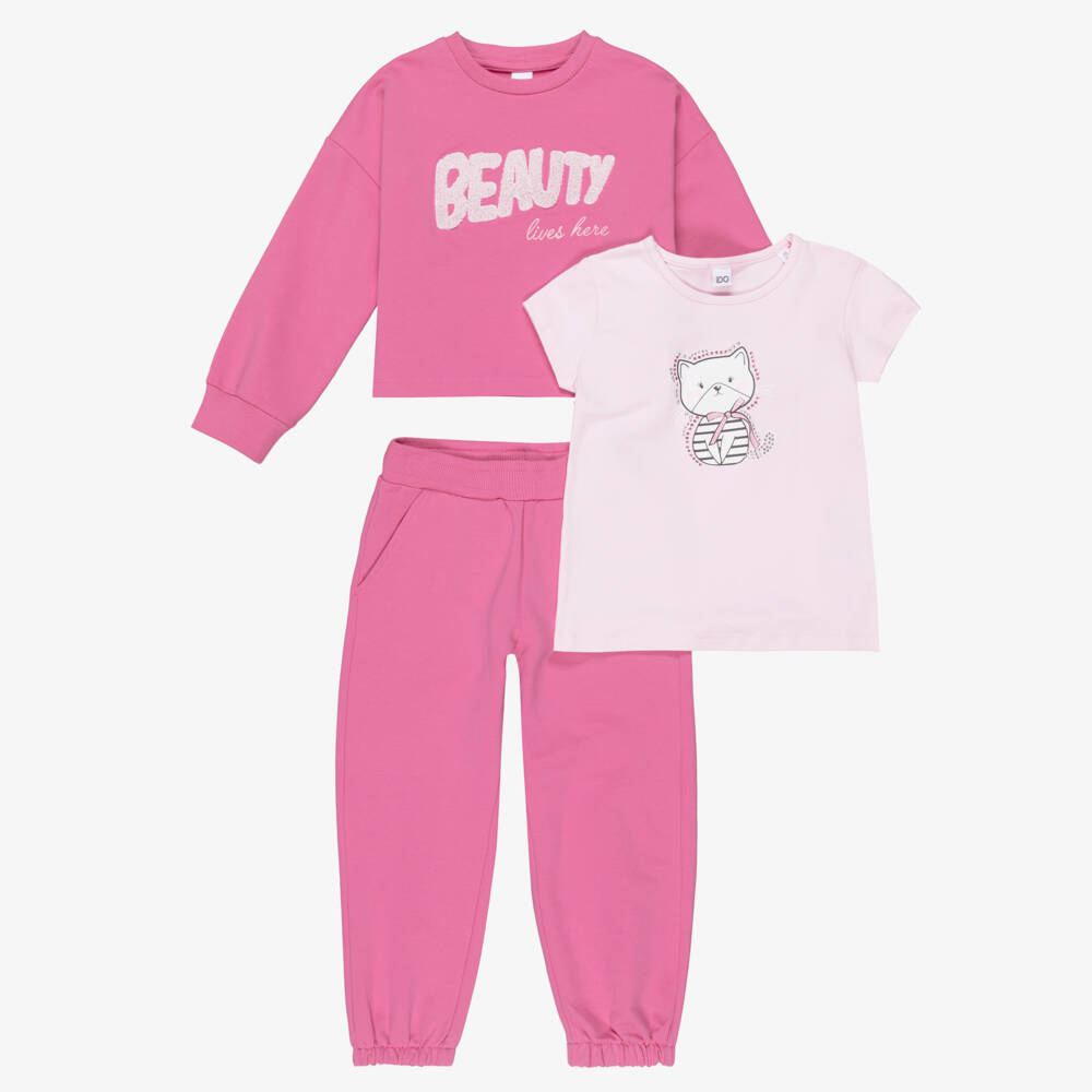 iDO-Girls Pink Cotton Tracksuit & T-Shirt Set | Childrensalon Outlet