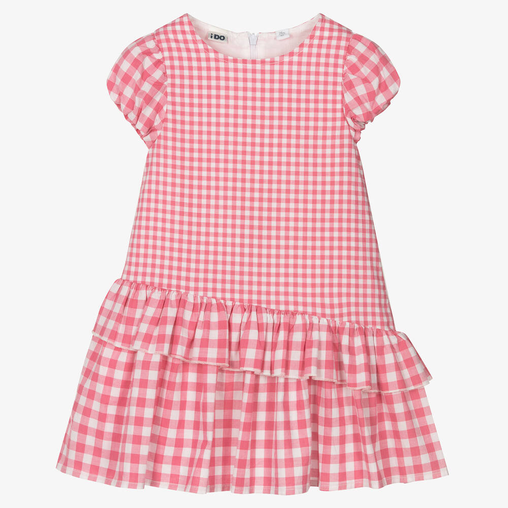 iDO Baby - Girls Pink Layered Gingham Cotton Dress | Childrensalon