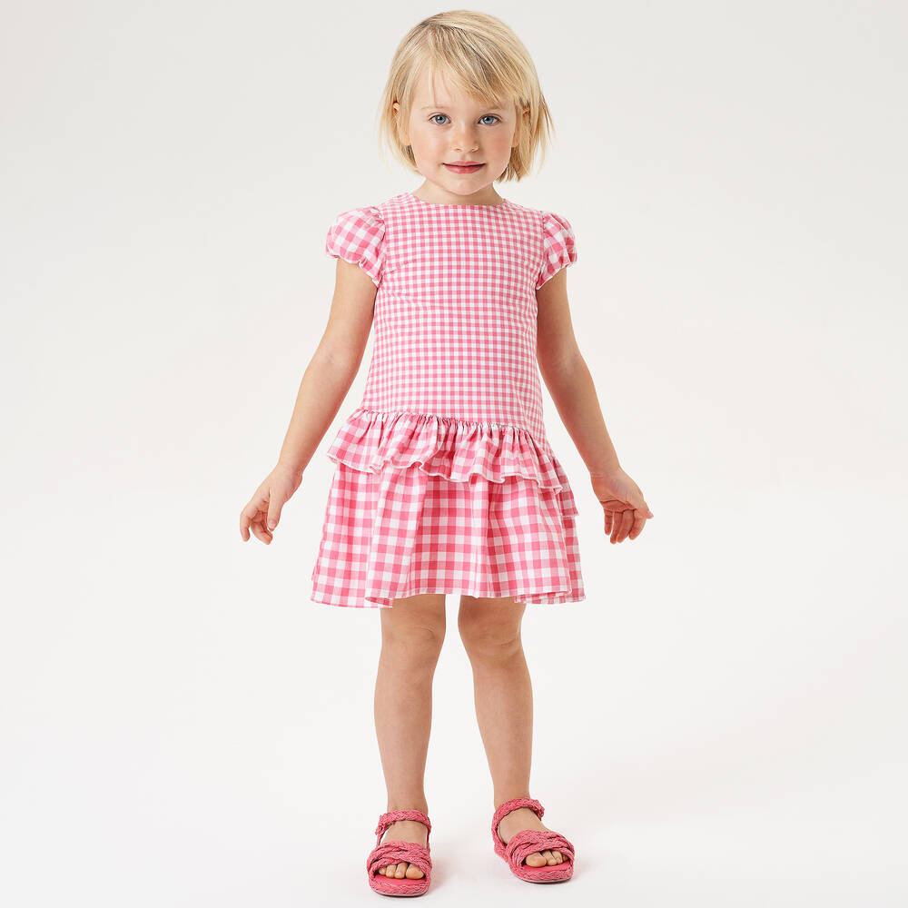 iDO Малыши-Розовое многоярусное платье из хлопка в клетку | Childrensalon Outlet