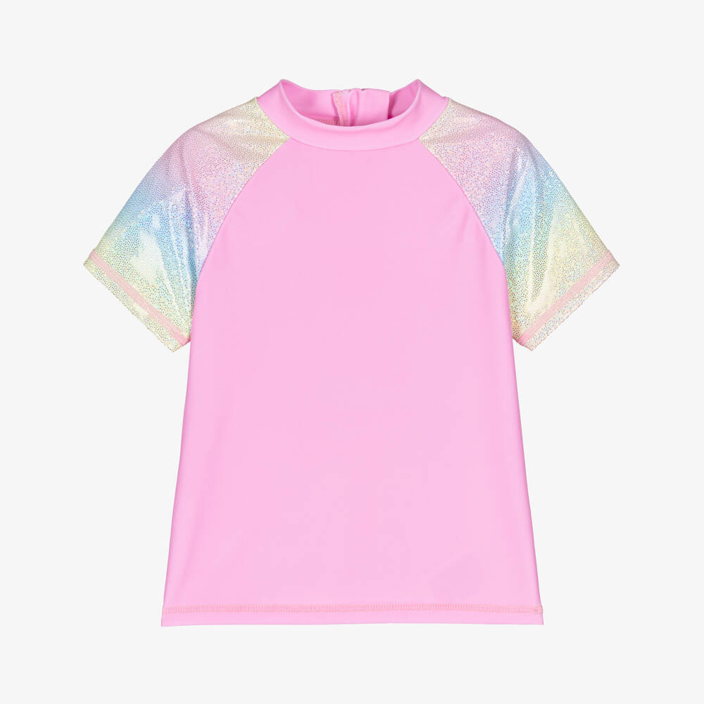 iDO-Girls Pink Swim Top with Pastel Rainbow Sleeves | Childrensalon Outlet