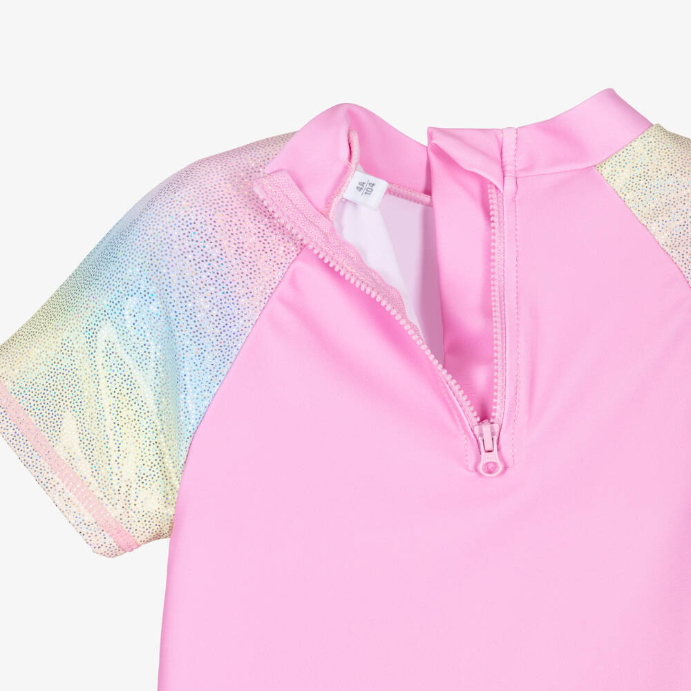 iDO-Girls Pink Swim Top with Pastel Rainbow Sleeves | Childrensalon Outlet