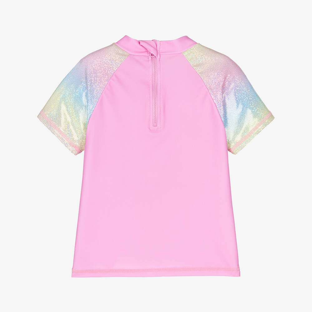 iDO-Girls Pink Swim Top with Pastel Rainbow Sleeves | Childrensalon Outlet