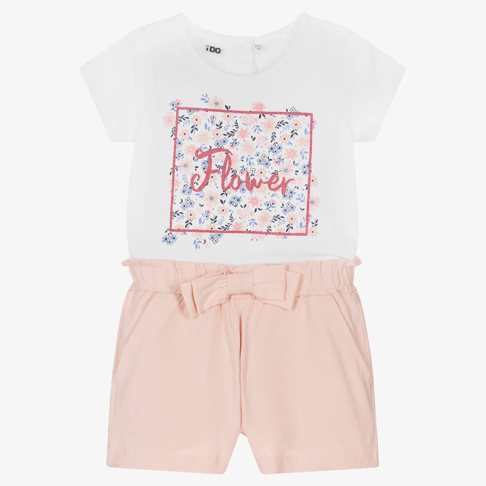 iDO Baby - Girls Pink & White Cotton Shorts Set | Childrensalon