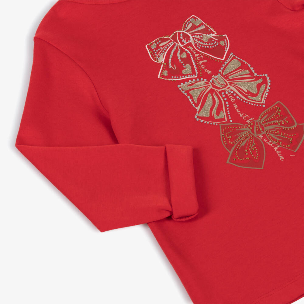 iDO-Girls Red & Beige Cotton Leggings Set with Glittery Bows | Childrensalon Outlet