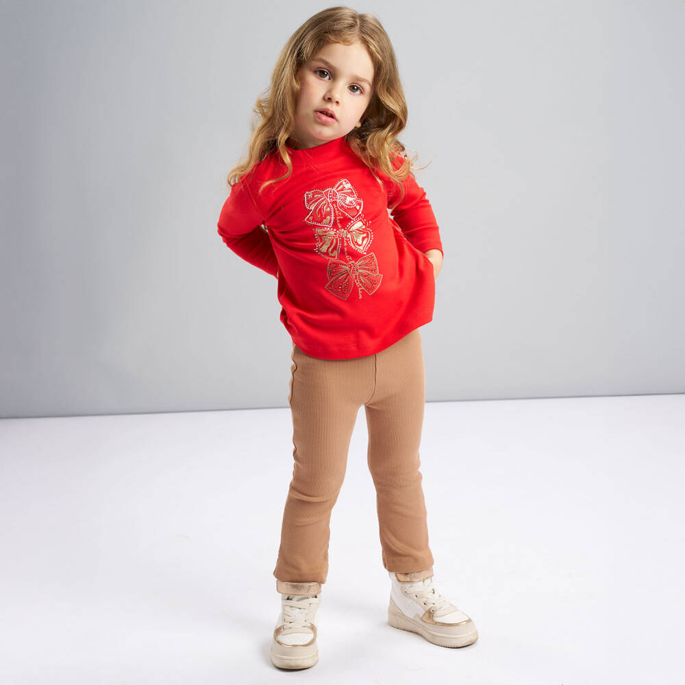 iDO-Girls Red & Beige Cotton Leggings Set with Glittery Bows | Childrensalon Outlet