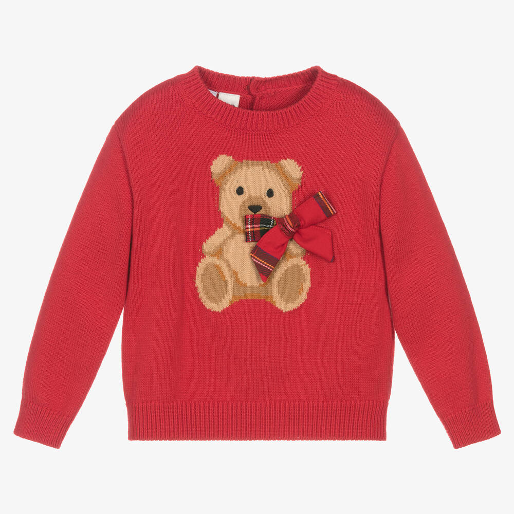 iDO Baby - Красный свитер из хлопка и шерсти с медвежонком | Childrensalon