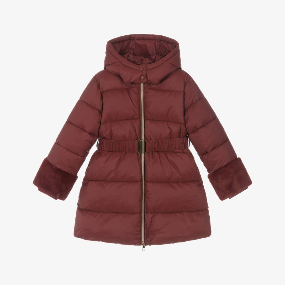 iDO-Girls Red Hooded Puffer Coat with Belt  | Childrensalon Outlet