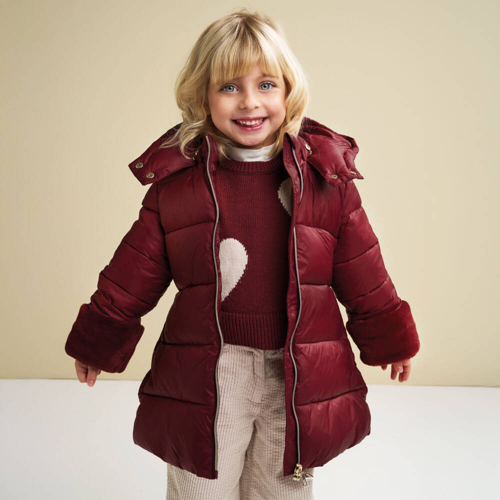 iDO-Girls Red Hooded Puffer Coat with Belt | Childrensalon Outlet