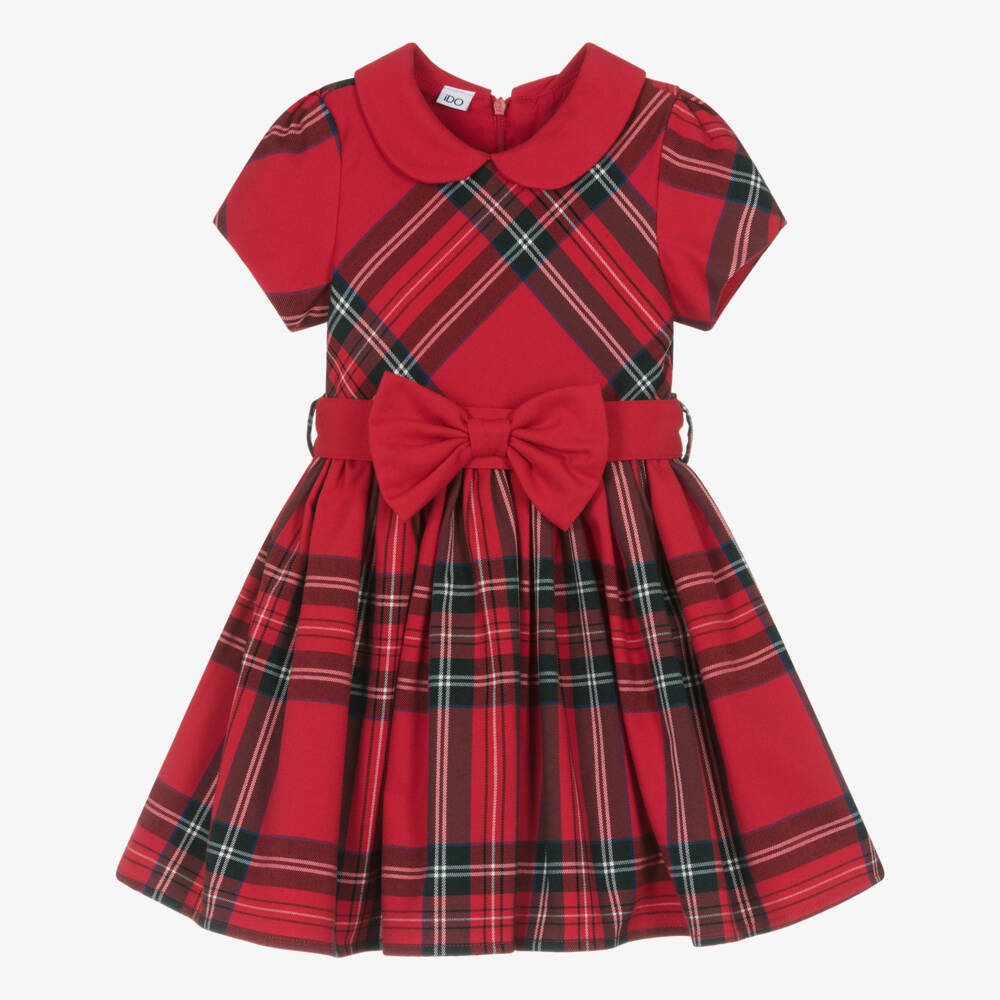 iDO-Girls Red Tartan Dress with Twill Collar & Bow Belt | Childrensalon Outlet