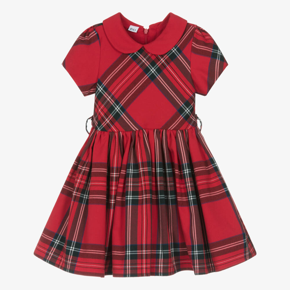 iDO-Girls Red Tartan Dress with Twill Collar & Bow Belt | Childrensalon Outlet