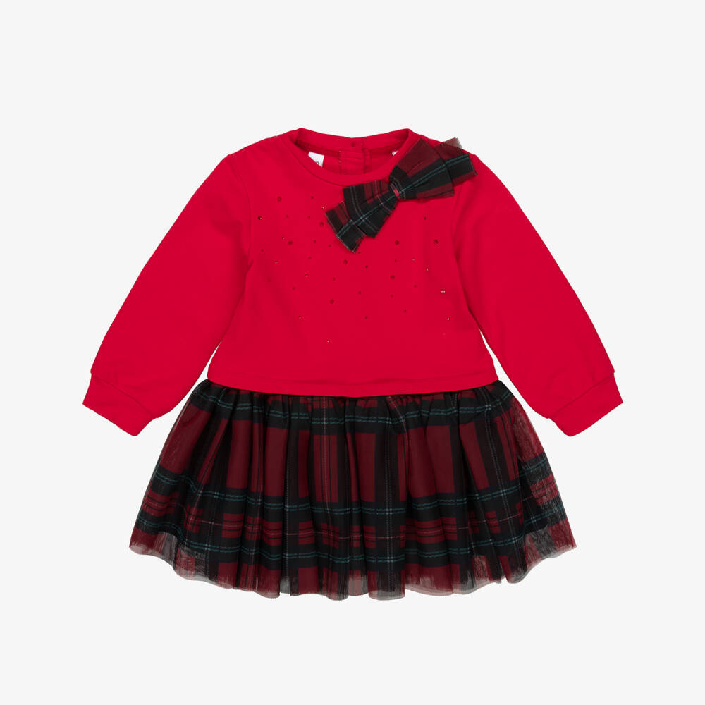 iDO-Girls Red Tartan Jersey & Tulle Dress | Childrensalon Outlet