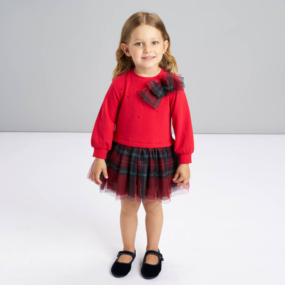 iDO-Girls Red Tartan Jersey & Tulle Dress | Childrensalon Outlet