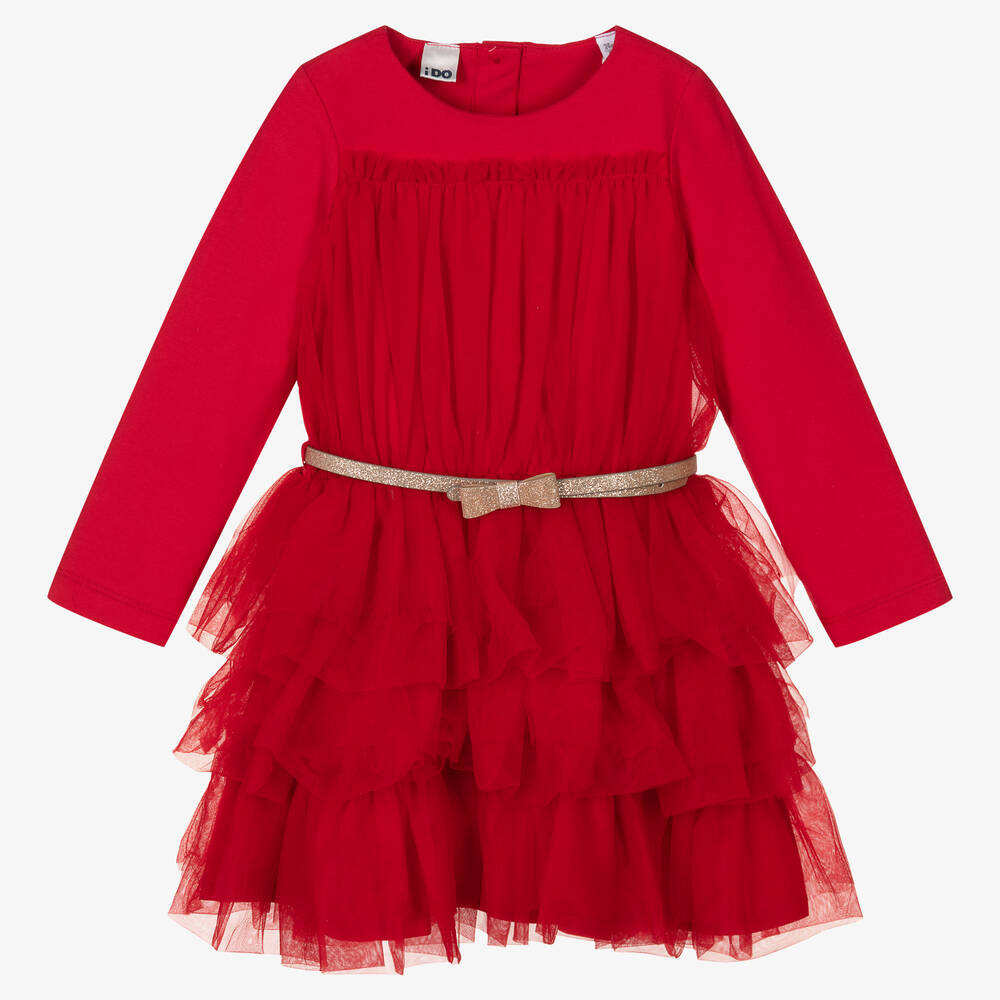 iDO Baby - فستان قطن جيرسي وتول بطبقات لون أحمر | Childrensalon