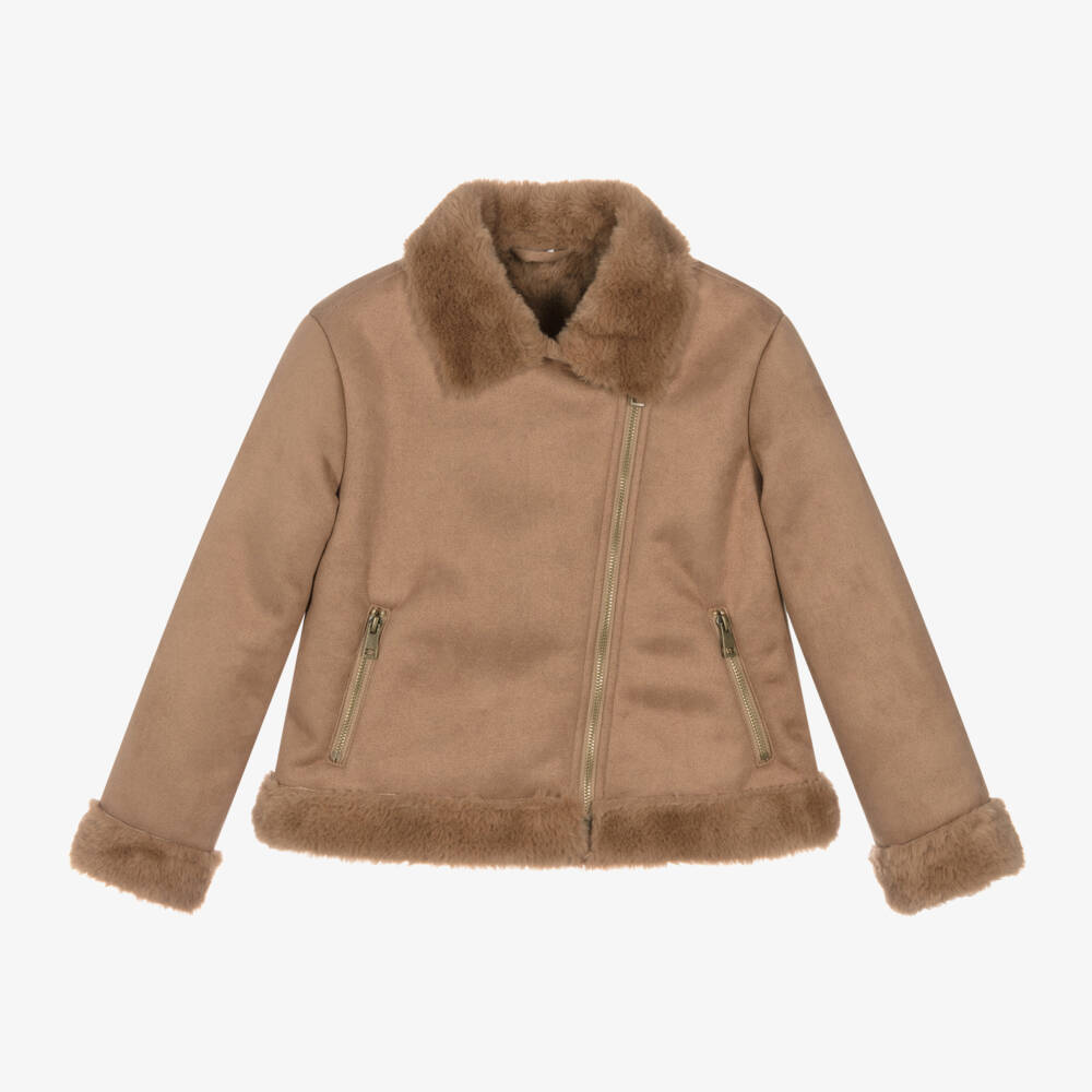 iDO Junior-Girls Tan Fur-Trimmed Aviator Jacket | Childrensalon Outlet