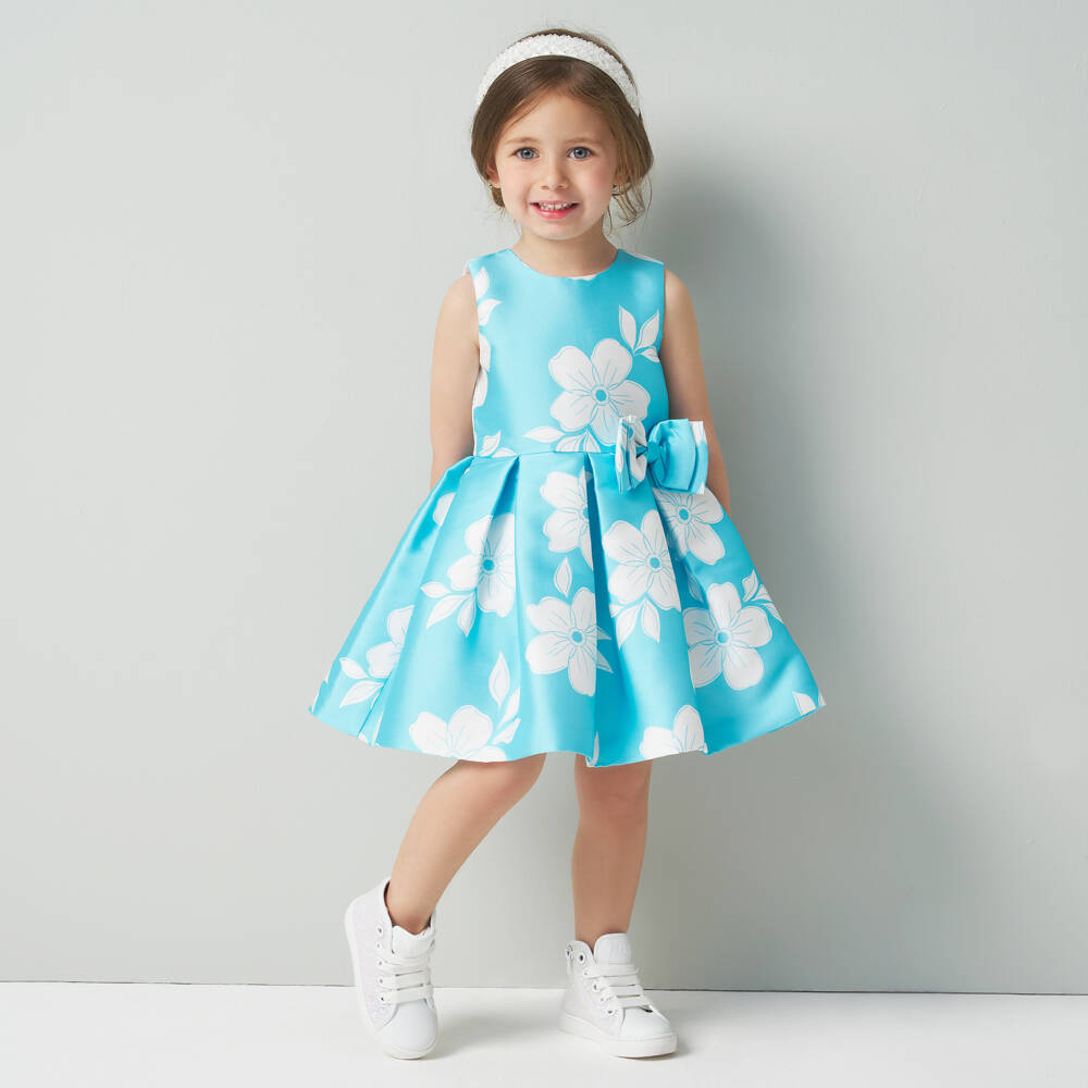 iDO Baby-فستان ساتان تركواز مزين بالورود للبنات | Childrensalon Outlet