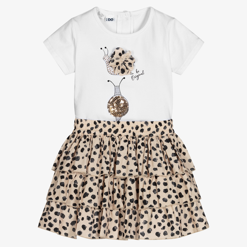 iDO Baby - طقم تنورة قطن جيرسي وفيسكوز لون أبيض وبيج | Childrensalon