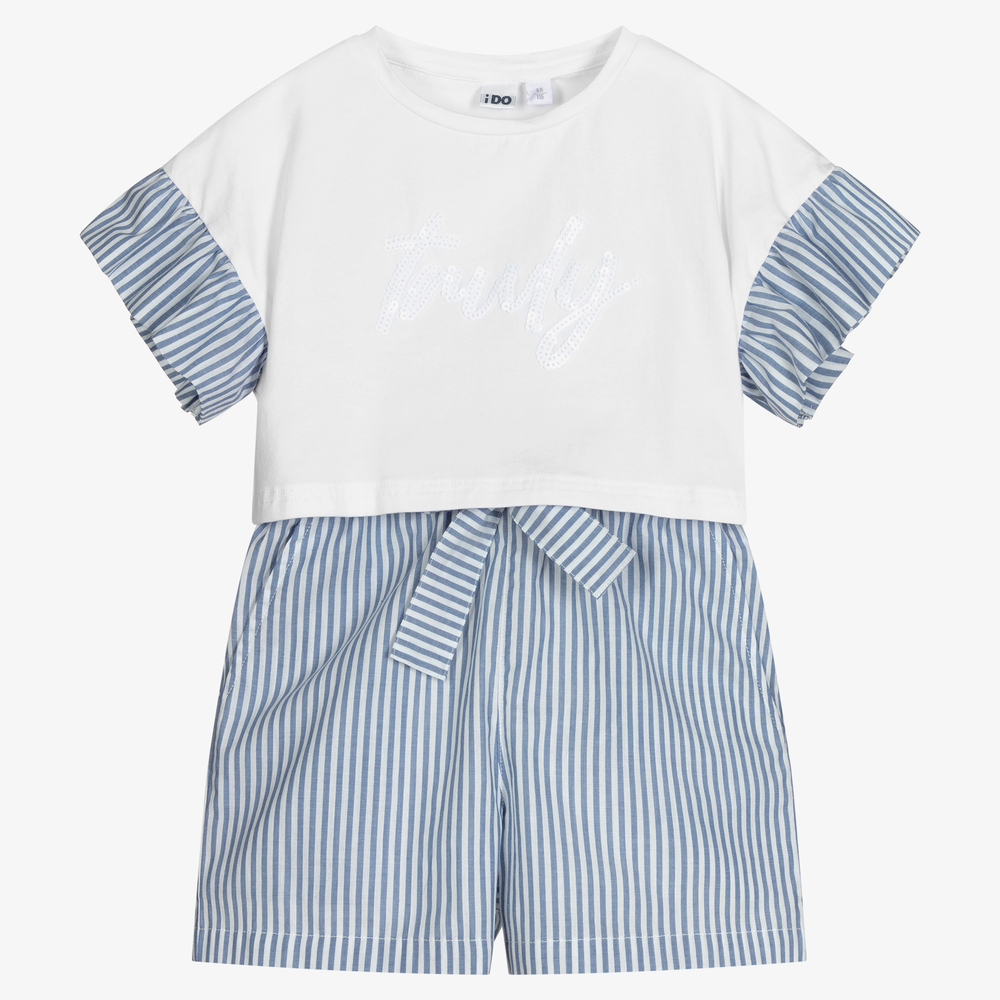 iDO Junior - Girls White & Blue Shorts Set | Childrensalon