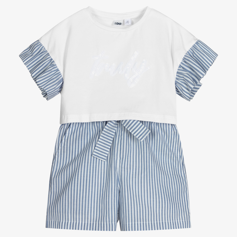 iDO Junior-Girls White & Blue Shorts Set | Childrensalon Outlet
