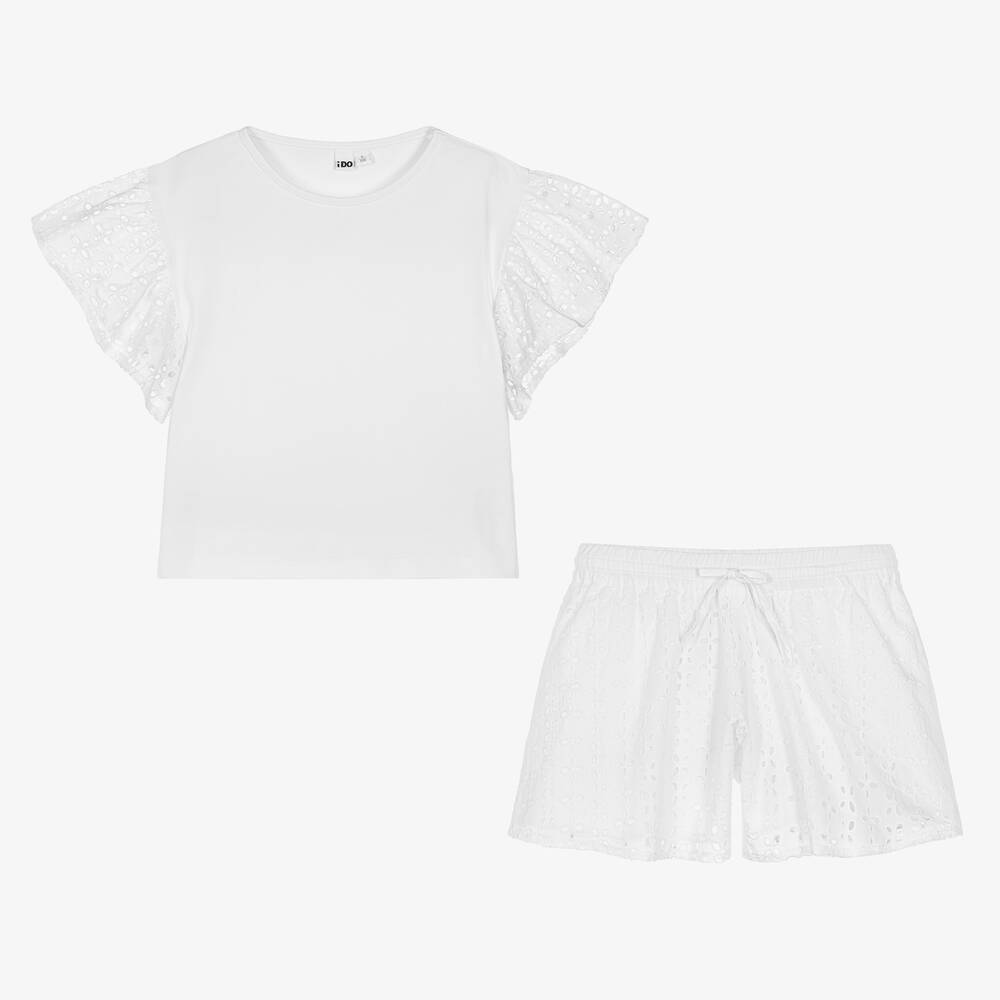 iDO Junior-Girls White Broderie Anglaise Shorts Set | Childrensalon Outlet