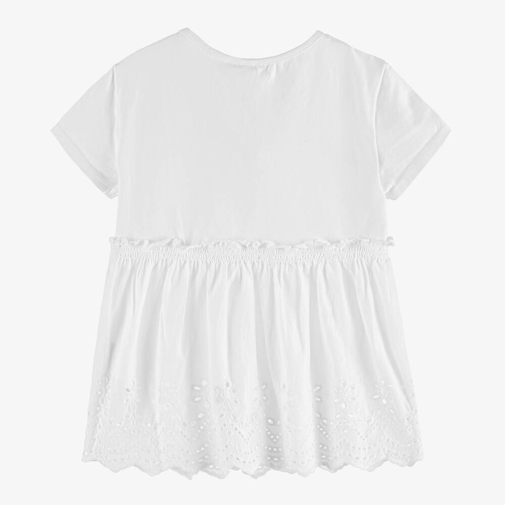 iDO Baby-Girls White Cotton Broderie Anglaise T-Shirt | Childrensalon Outlet