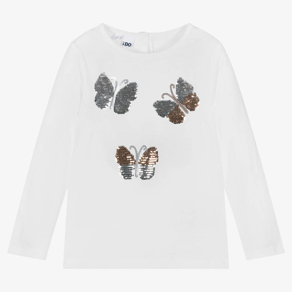 iDO Baby - Girls White Cotton Butterflies T-Shirt | Childrensalon